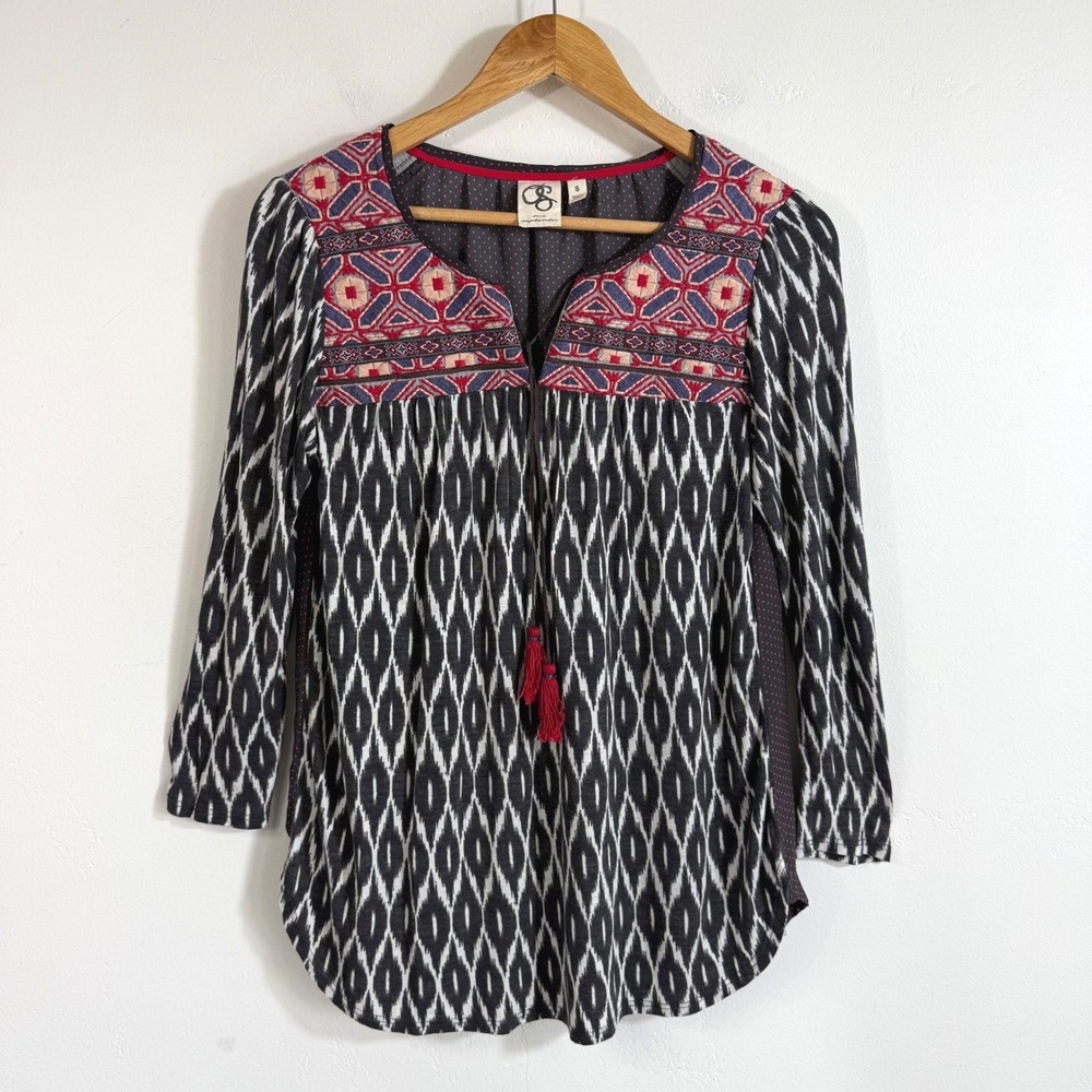 One September Anthropologie Embroidered Blouse Black Ikat Boho Tassel Artsy S